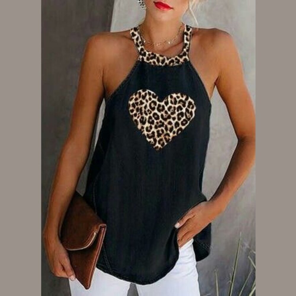 Black Leopard Print Heart Tie Halter Top Size Small